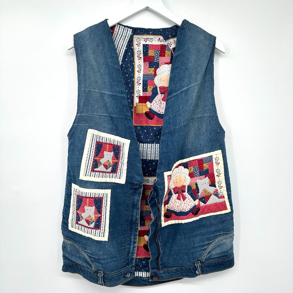 Vintage Upcycled Denim Quilted Vest Top Womens‎ Size Small Lined Granny
